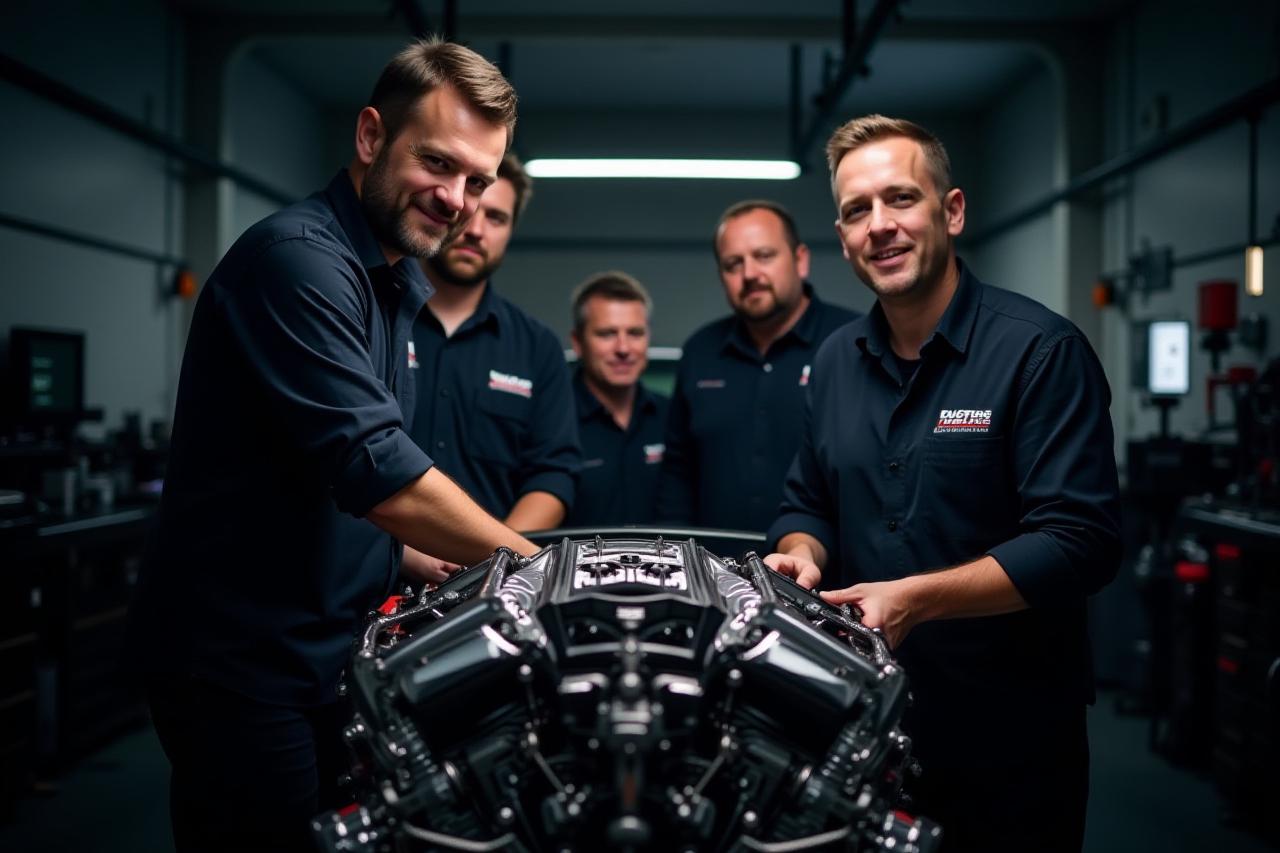 Il team di Forma Veloce nel loro moderno laboratorio, mettendo a punto un motore di lusso.